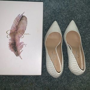 Jessica Simpson white snake heeled shoes (Levin)